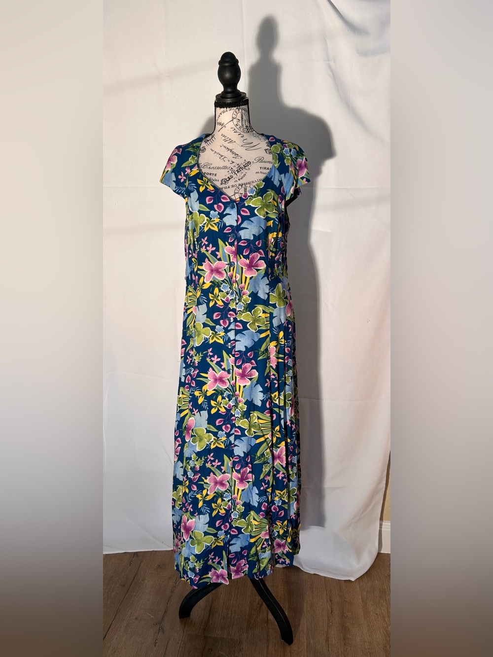 Printed Blue Floral Maxi Dress with Cap Sleeves